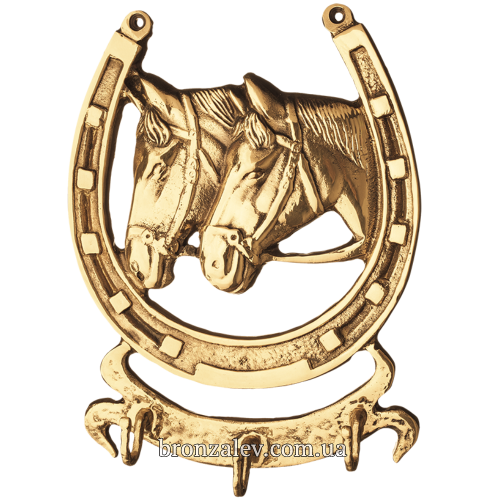 Декоративная, настенная ключница из бронзы с 3 крючками — «Подкова с лошадьми» (рогами вверх)